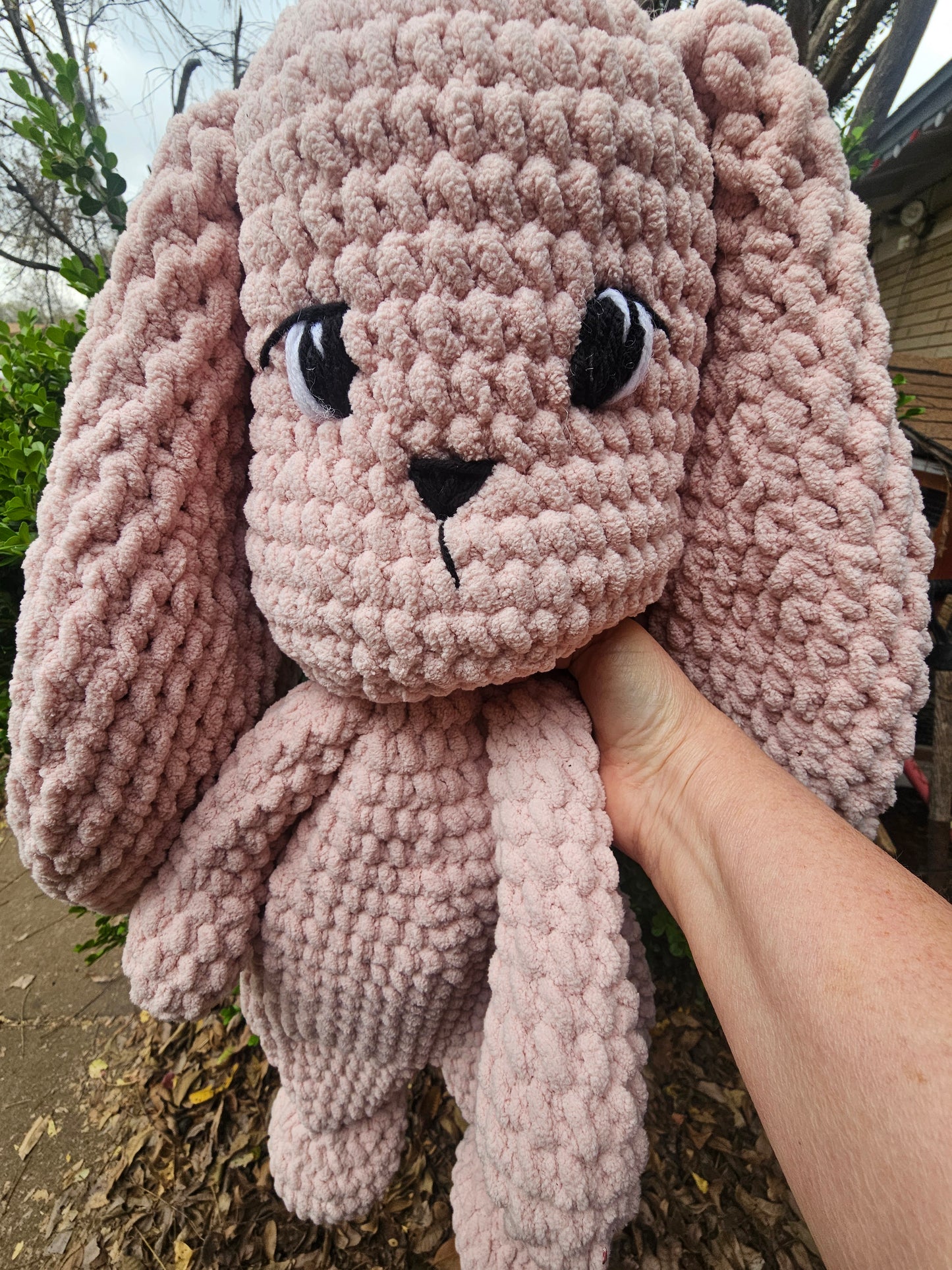 pink crochet bunny snuggler plushie